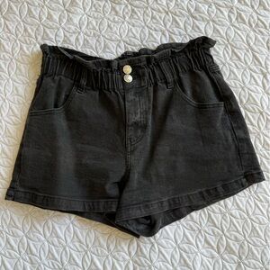 Black denim paper bag shorts